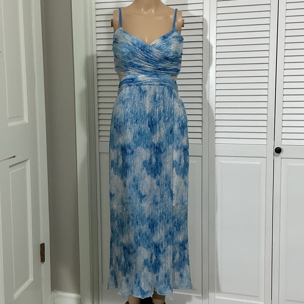 Aidan by Aidan Mattox Blue Tie-Dye Pleated Maxi Dress
